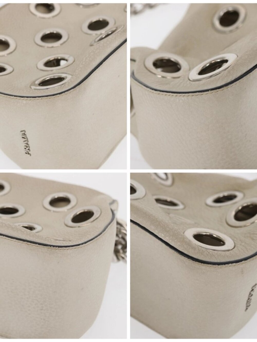 PRADA Grommet Punching Chain Hand Bag Leather Ivory Silver Auth 165205 - Picture 14 of 16